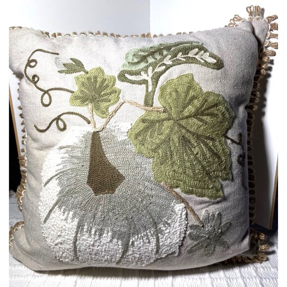 Embroidered Pier 1 Imports Fall Pillow With Leaf Design & Fringe - Picture 1 of 4
